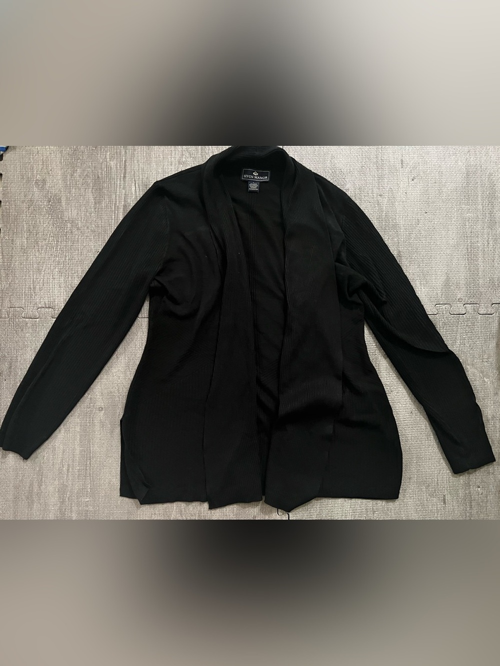 Seven Manor Women’s Black Ribbed Knit Open Front Cardigan Sweater Long Sleeve L